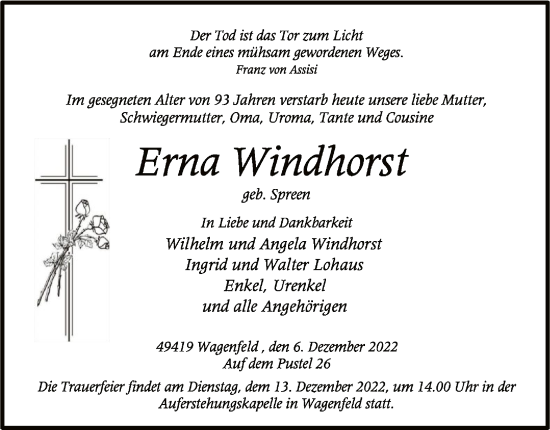 Traueranzeige von Erna Windhorst von SYK