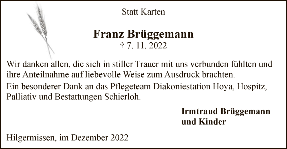  Traueranzeige für Franz Brüggemann vom 10.12.2022 aus SYK