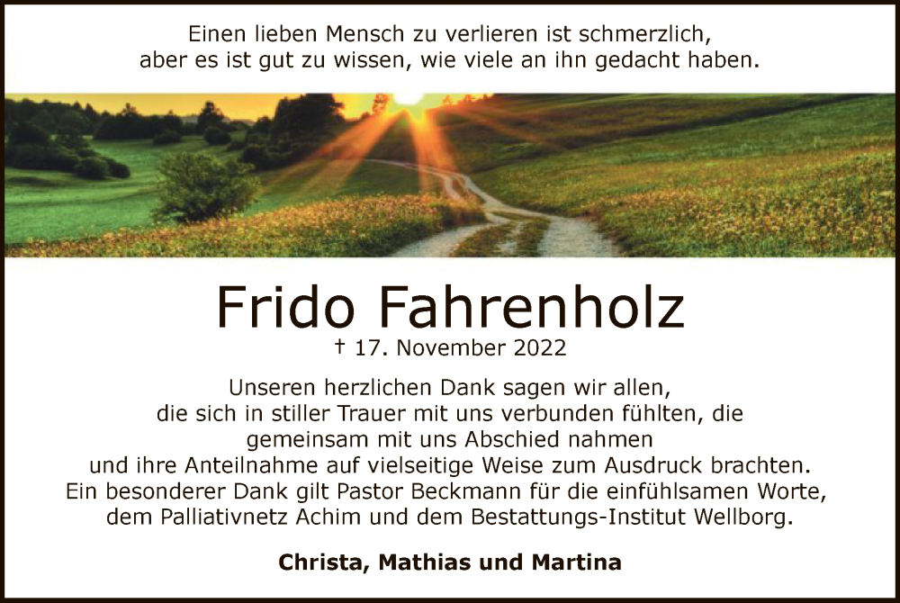  Traueranzeige für Frido Fahrenholz vom 17.12.2022 aus SYK