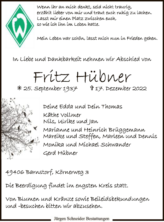 Traueranzeige von Fritz Hübner von SYK