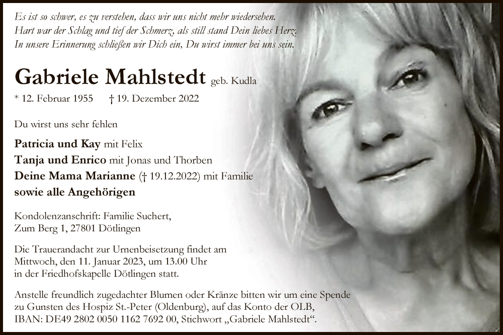  Traueranzeige für Gabriele Mahlstedt vom 24.12.2022 aus SYK