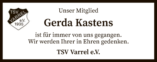 Traueranzeige von Gerda Kastens von SYK