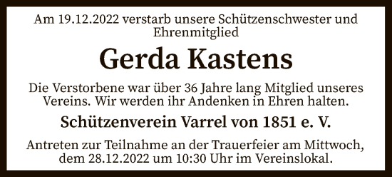 Traueranzeige von Gerda Kastens von SYK