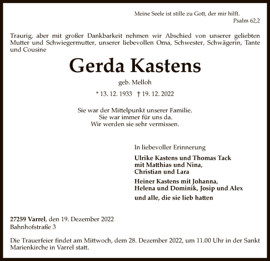 Traueranzeige von Gerda Kastens von SYK