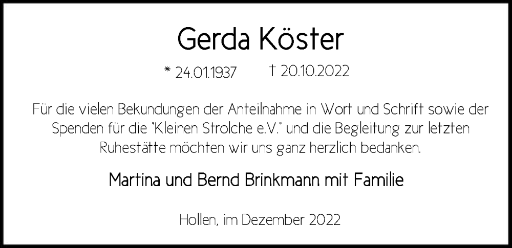  Traueranzeige für Gerda Köster vom 03.12.2022 aus SYK