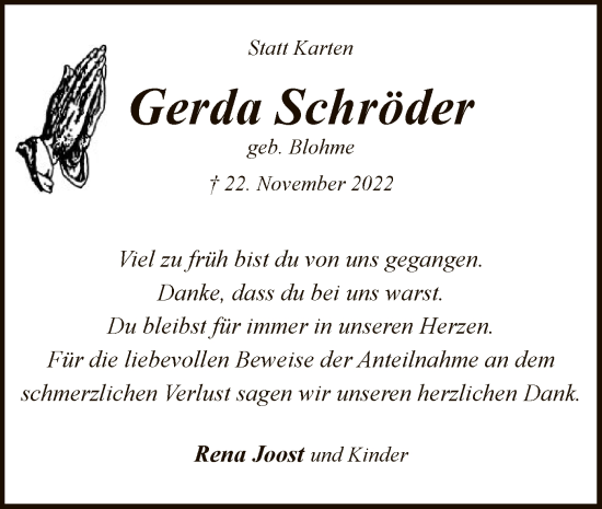 Traueranzeige von Gerda Schröder von SYK