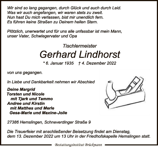 Traueranzeige von Gerhard Lindhorst von SYK