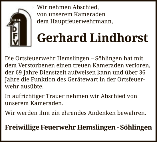 Traueranzeige von Gerhard Lindhorst von SYK