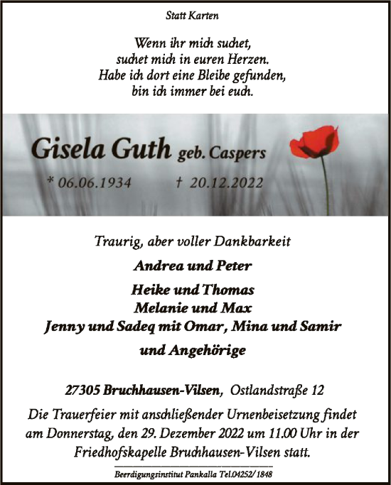 Traueranzeige von Gisela Guth von SYK