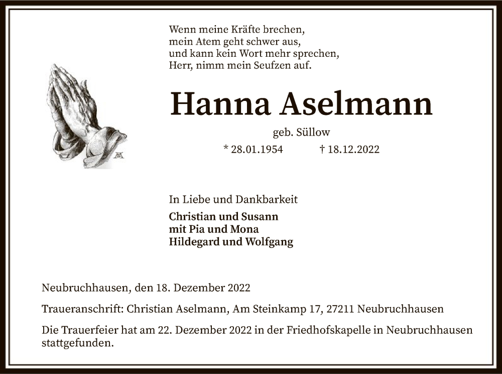  Traueranzeige für Hanna Aselmann vom 28.12.2022 aus SYK