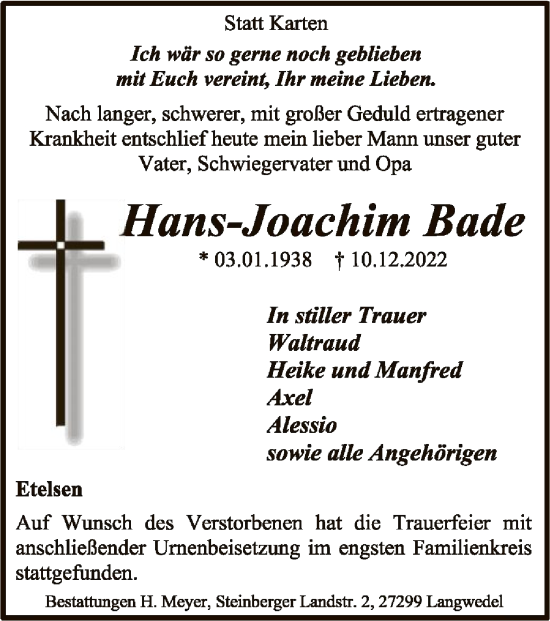 Traueranzeige von Hans-Joachim Bade von SYK