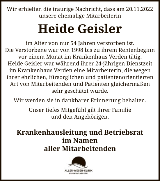 Traueranzeige von Heide Geisler von SYK