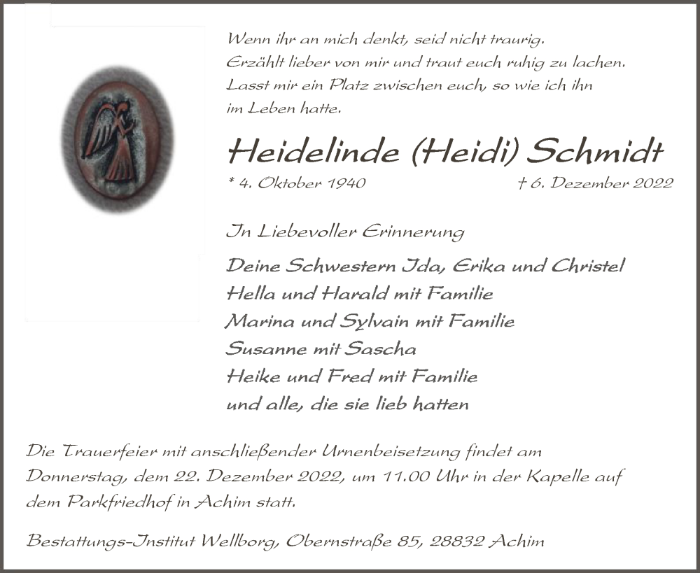  Traueranzeige für Heidelinde Schmidt vom 15.12.2022 aus SYK