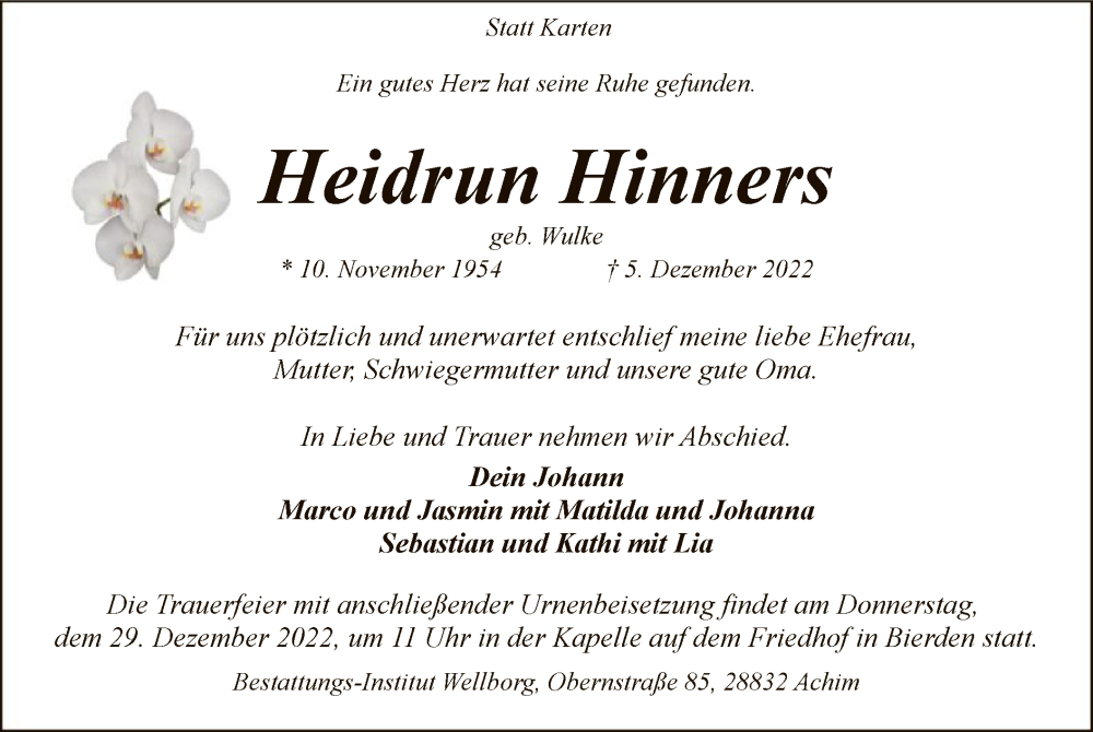  Traueranzeige für Heidrun Hinhers vom 17.12.2022 aus SYK