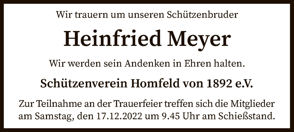  Traueranzeige für Heinfried Meyer vom 15.12.2022 aus SYK