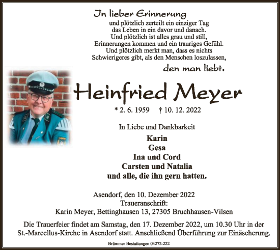 Traueranzeige von Heinfried Meyer von SYK