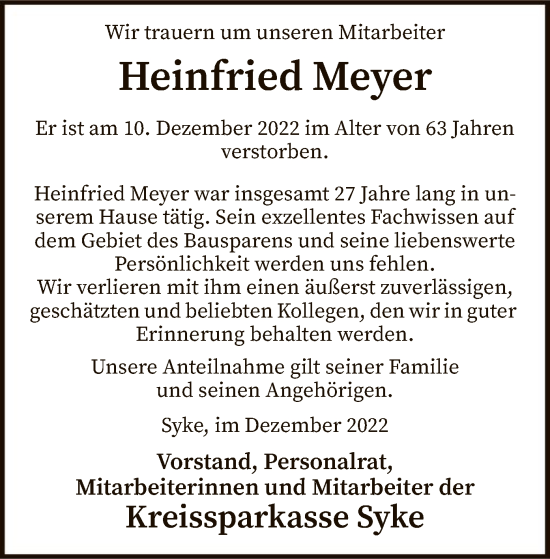 Traueranzeige von Heinfried Meyer von SYK