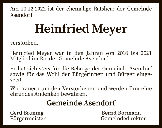 Traueranzeige von Heinfried Meyer von SYK