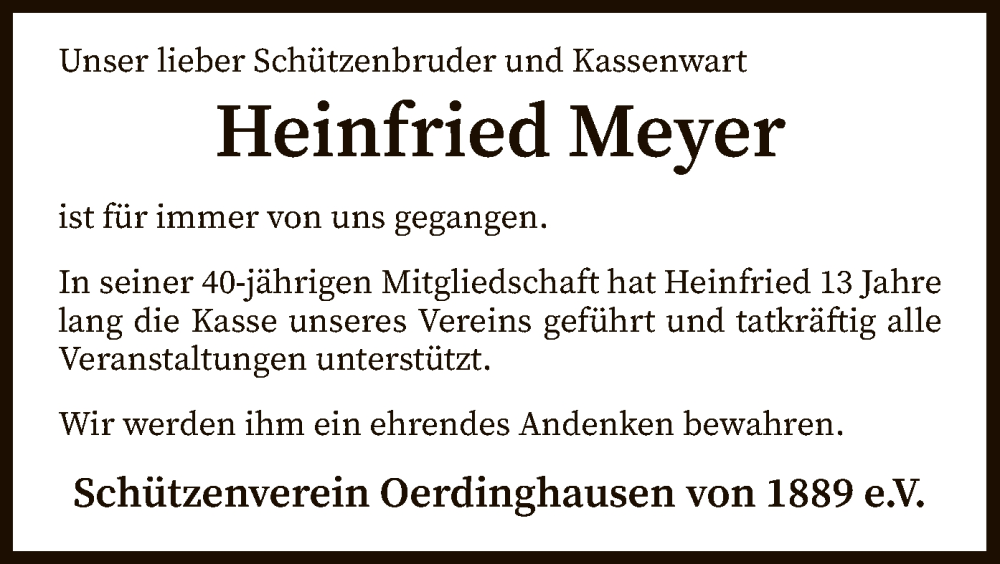  Traueranzeige für Heinfried Meyer vom 15.12.2022 aus SYK