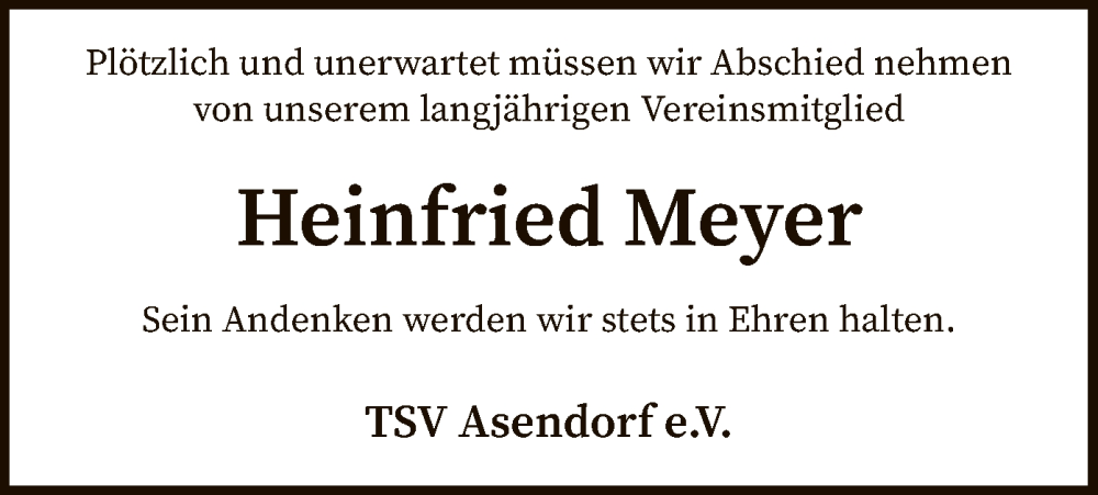  Traueranzeige für Heinfried Meyer vom 16.12.2022 aus SYK