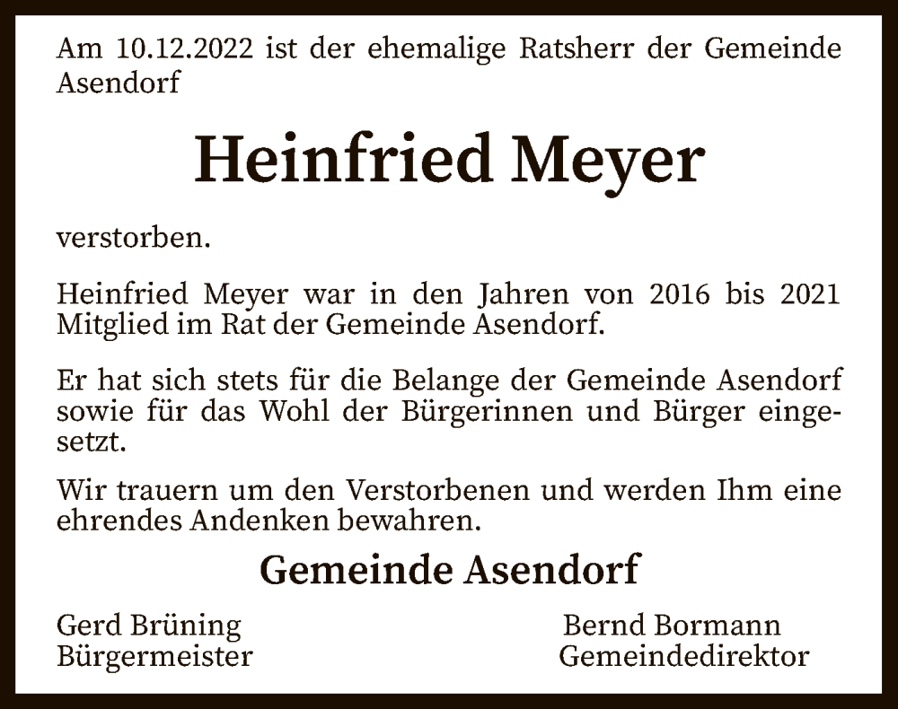  Traueranzeige für Heinfried Meyer vom 15.12.2022 aus SYK