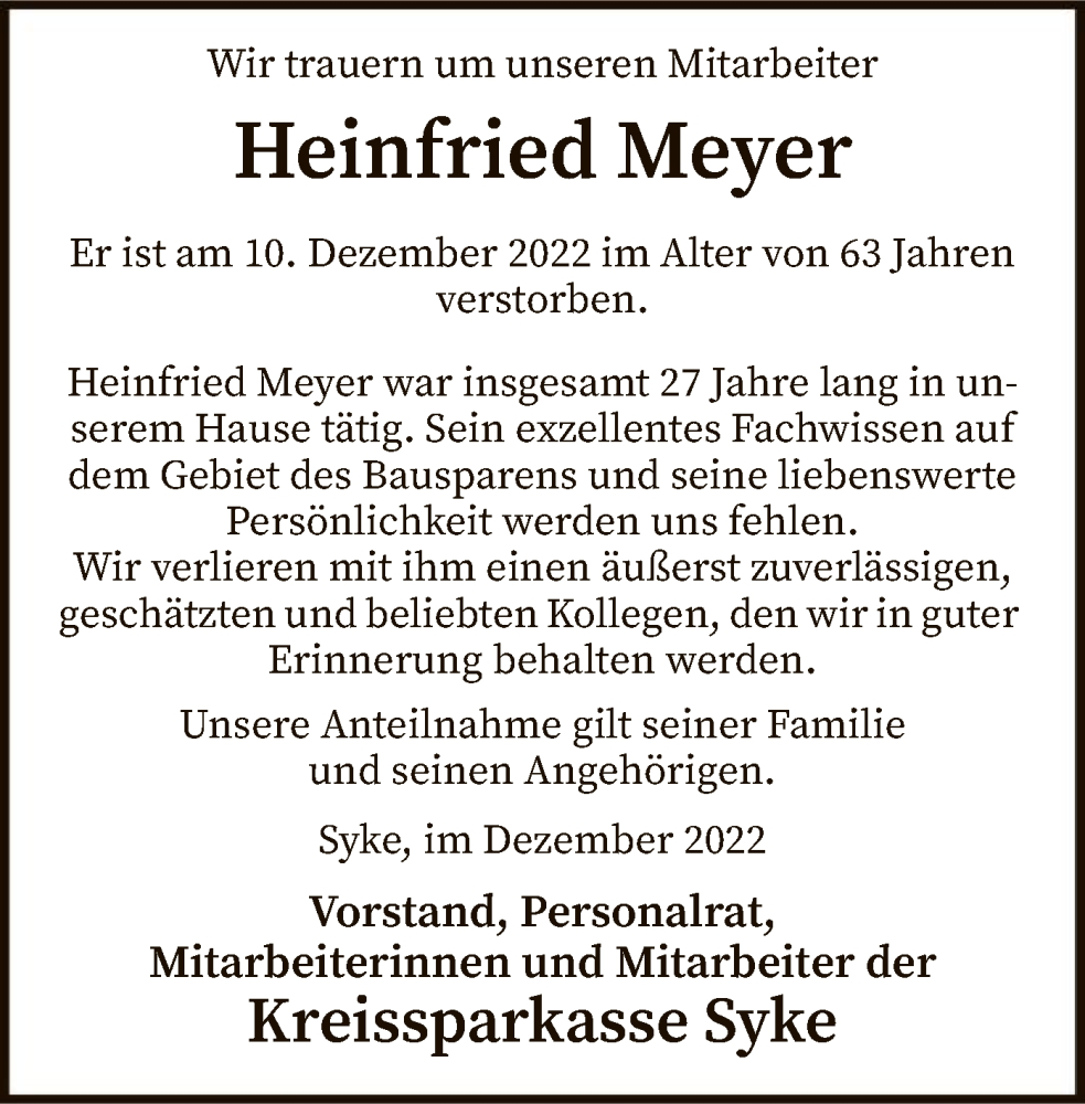  Traueranzeige für Heinfried Meyer vom 16.12.2022 aus SYK