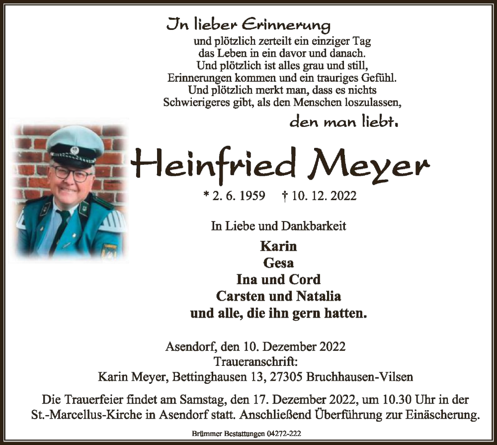  Traueranzeige für Heinfried Meyer vom 14.12.2022 aus SYK