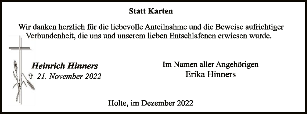  Traueranzeige für Heinrich Hinners vom 31.12.2022 aus SYK