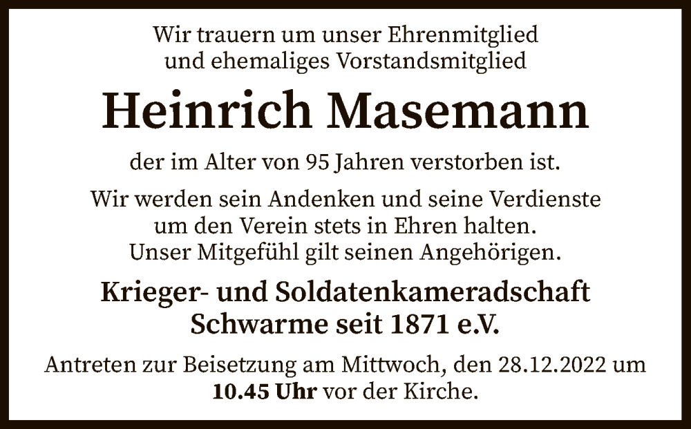  Traueranzeige für Heinrich Masemann vom 24.12.2022 aus SYK