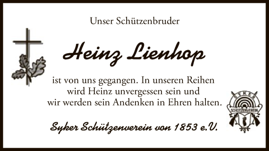 Traueranzeige von Heinz Lienhop von SYK