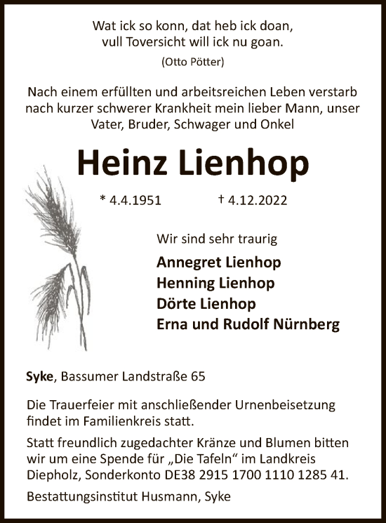 Traueranzeige von Heinz Lienhop von SYK