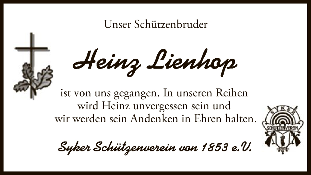  Traueranzeige für Heinz Lienhop vom 10.12.2022 aus SYK