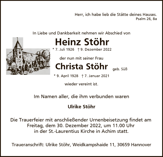Traueranzeige von Heinz und Christa Stöhr von SYK