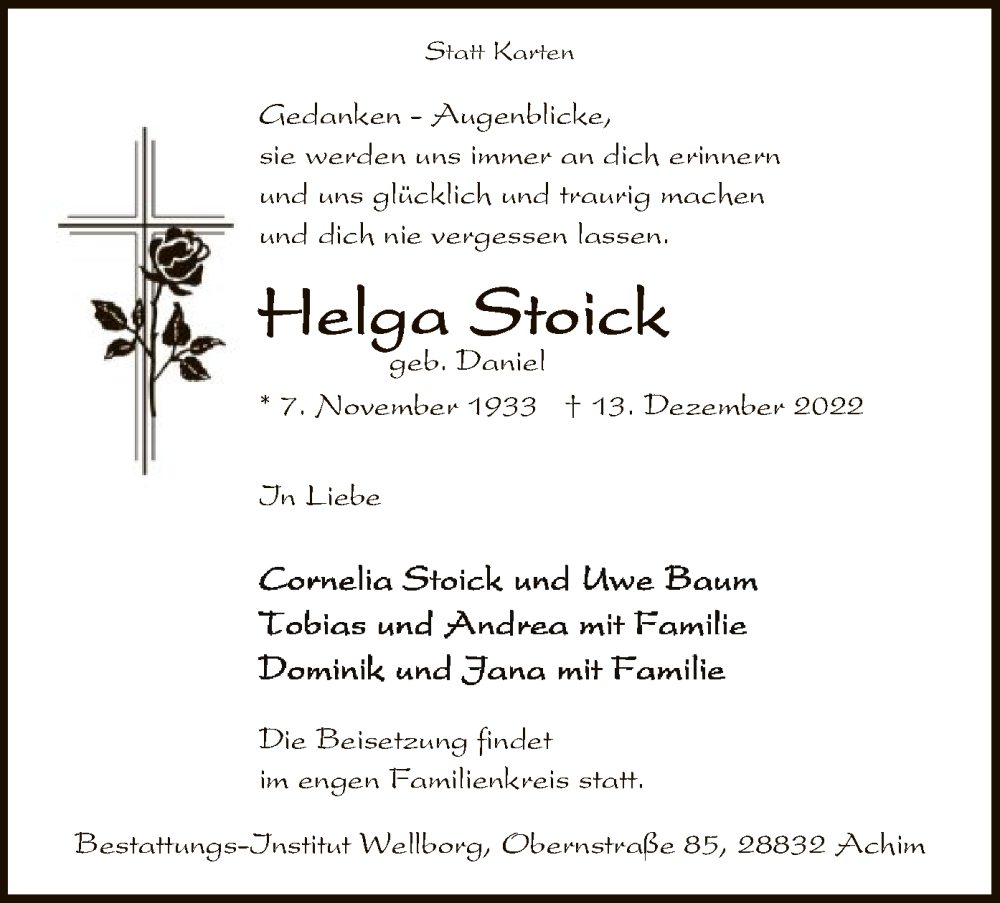  Traueranzeige für Helga Stoick vom 17.12.2022 aus SYK