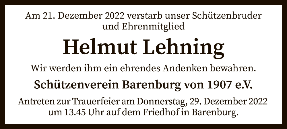  Traueranzeige für Helmut Lehning vom 24.12.2022 aus SYK