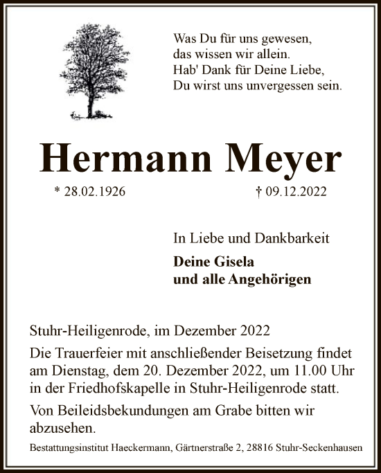 Traueranzeige von Hermann Meyer von SYK