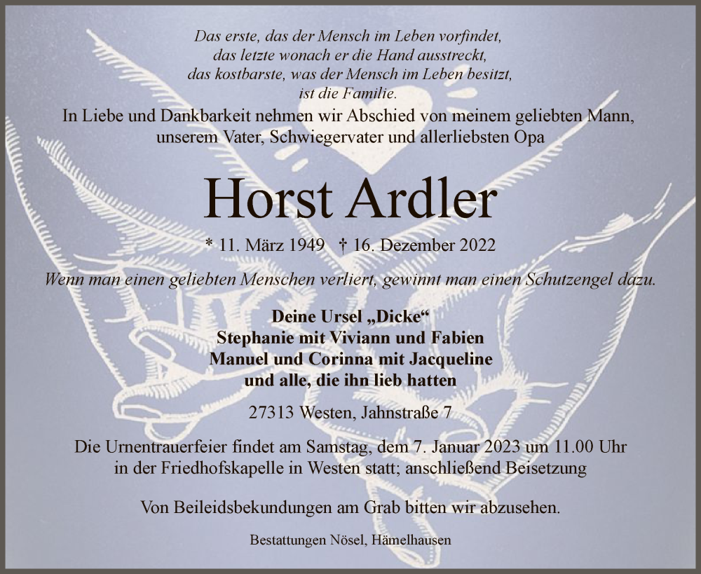  Traueranzeige für Horst Ardler vom 31.12.2022 aus SYK