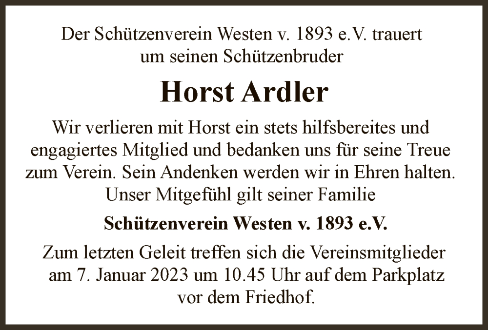  Traueranzeige für Horst Ardler vom 31.12.2022 aus SYK