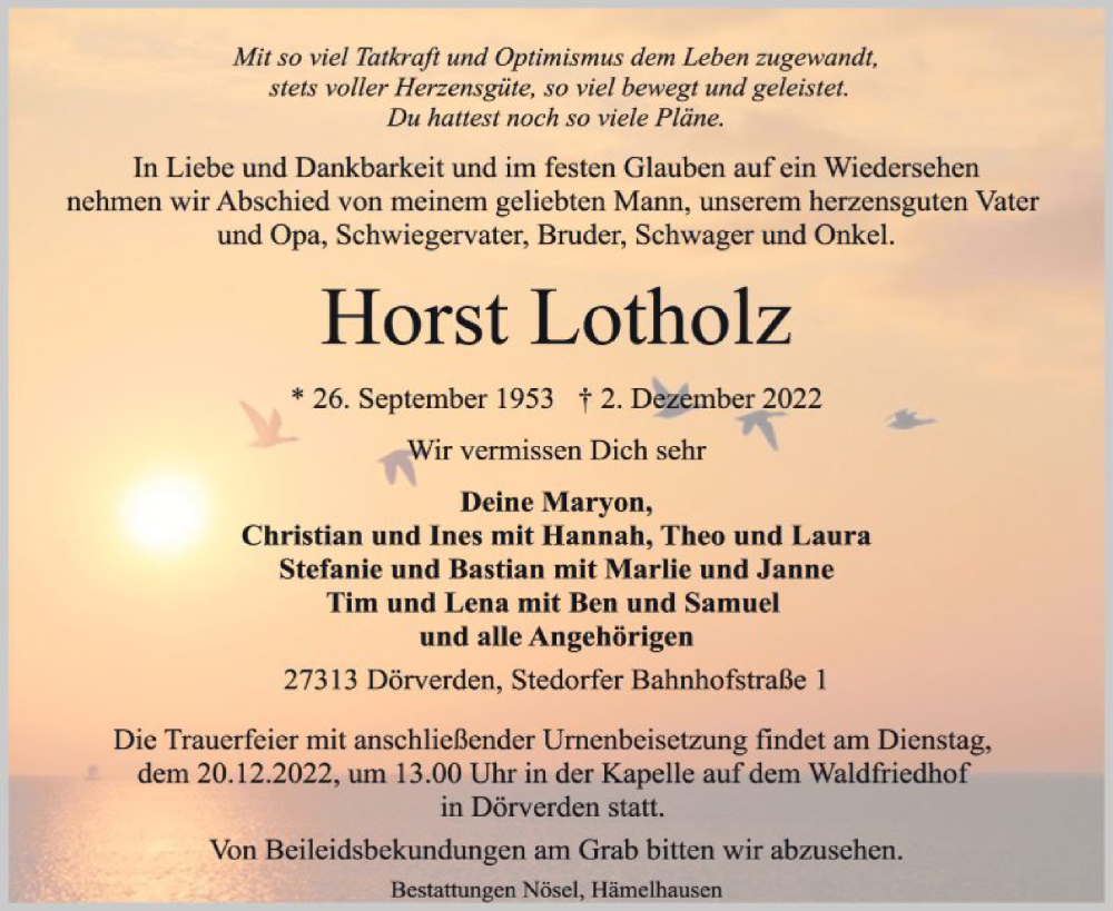  Traueranzeige für Horst Lotholz vom 16.12.2022 aus SYK