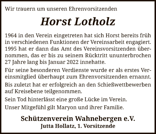 Traueranzeige von Horst Lotholz von SYK