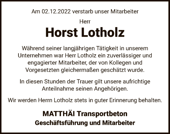 Traueranzeige von Horst Lotholz von SYK