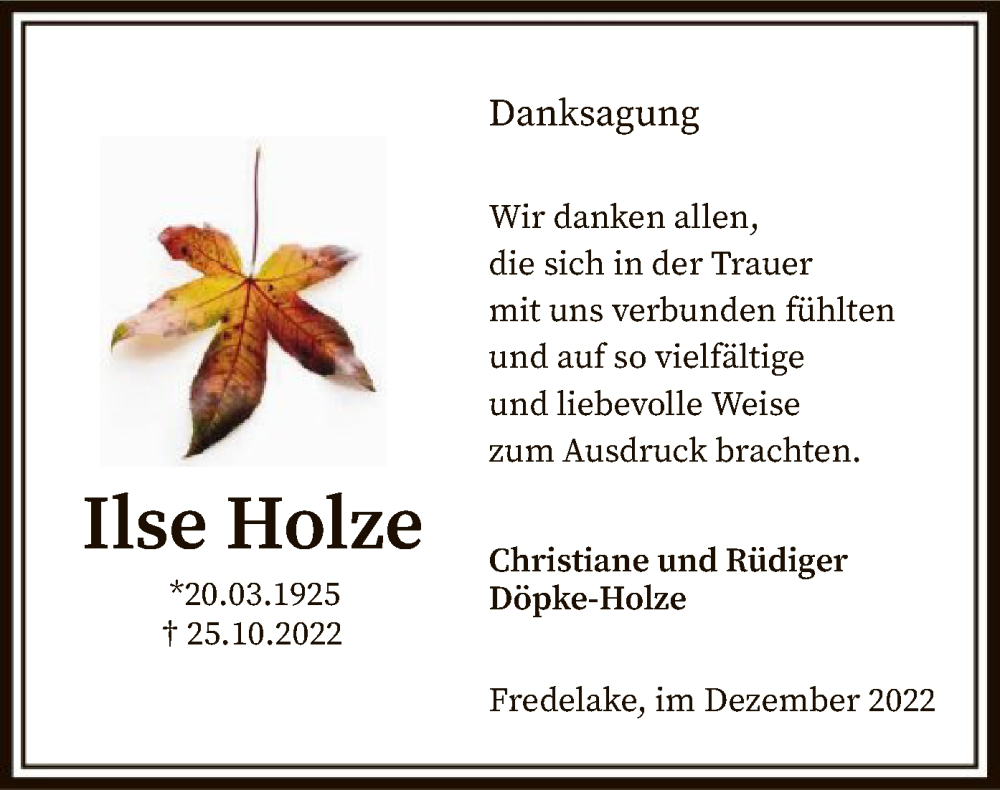  Traueranzeige für Ilse Holze vom 17.12.2022 aus SYK