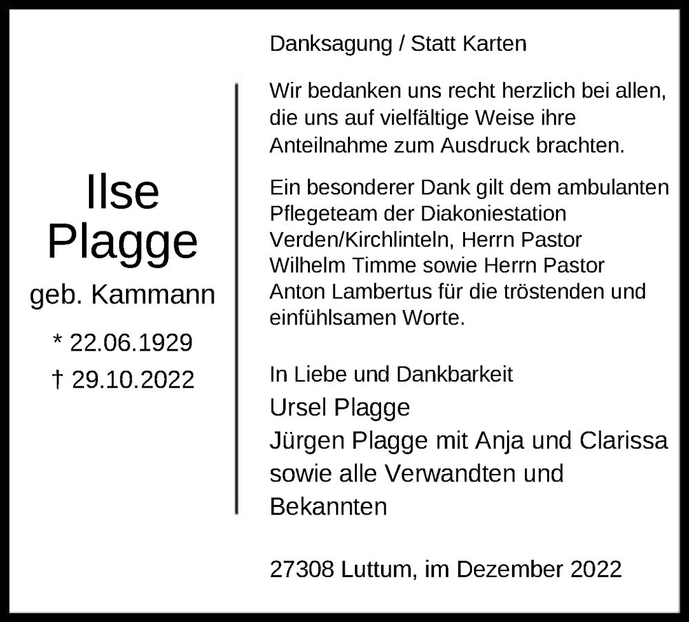  Traueranzeige für Ilse Plagge vom 22.12.2022 aus SYK