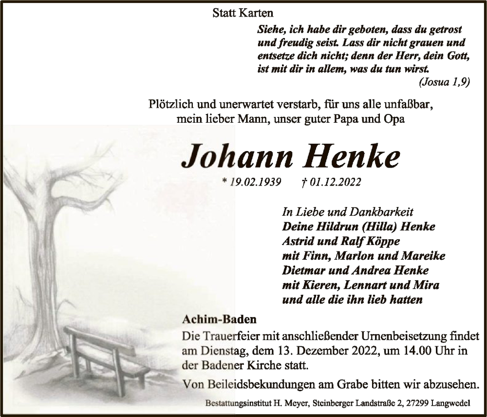  Traueranzeige für Johann Henke vom 08.12.2022 aus SYK