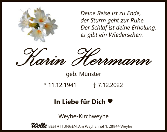 Traueranzeige von Karin Herrmann von SYK