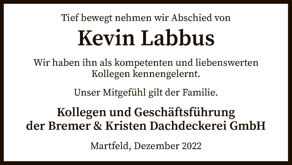  Traueranzeige für Kevin Labbus vom 07.12.2022 aus SYK