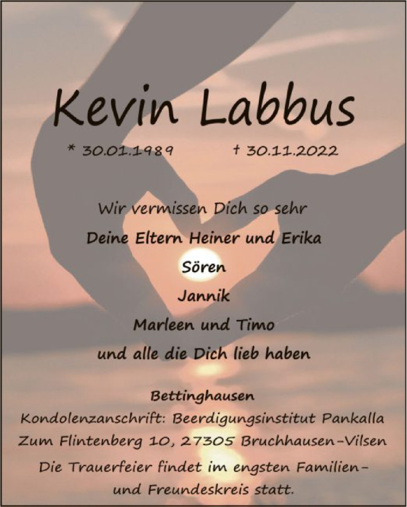  Traueranzeige für Kevin Labbus vom 03.12.2022 aus SYK