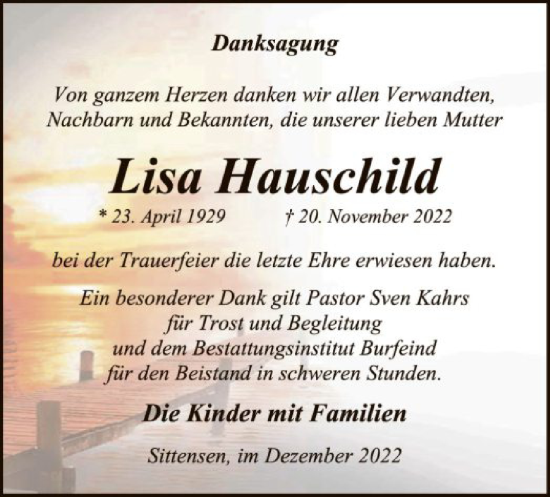 Traueranzeige von Lisa Hauschild von SYK