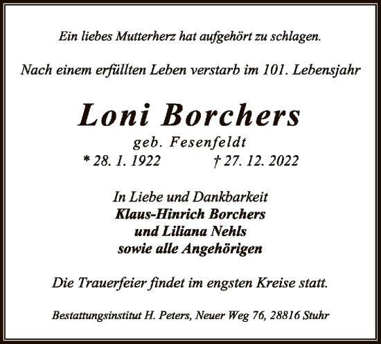 Traueranzeige von Loni Borchers von SYK