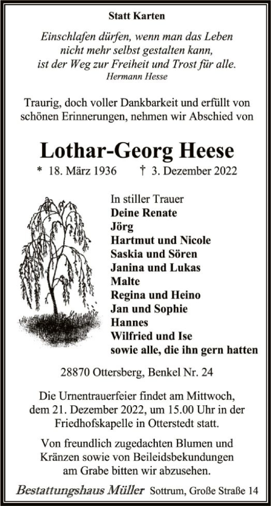 Traueranzeige von Lothar-Georg Heese von SYK